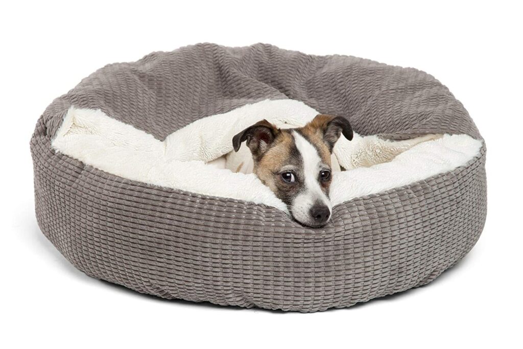 A cozy cuddler dog bed. Great for dogs that love to dig and borrow, or pets that get scared by strange noises or storms.